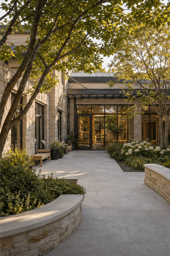 A bright courtyard entrance with stone paths, benches, trees, and garden planting.
