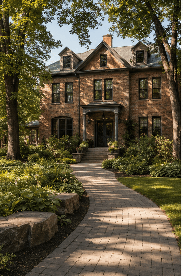 A brick school house with mature trees, gardens, and a path to the front entrance.