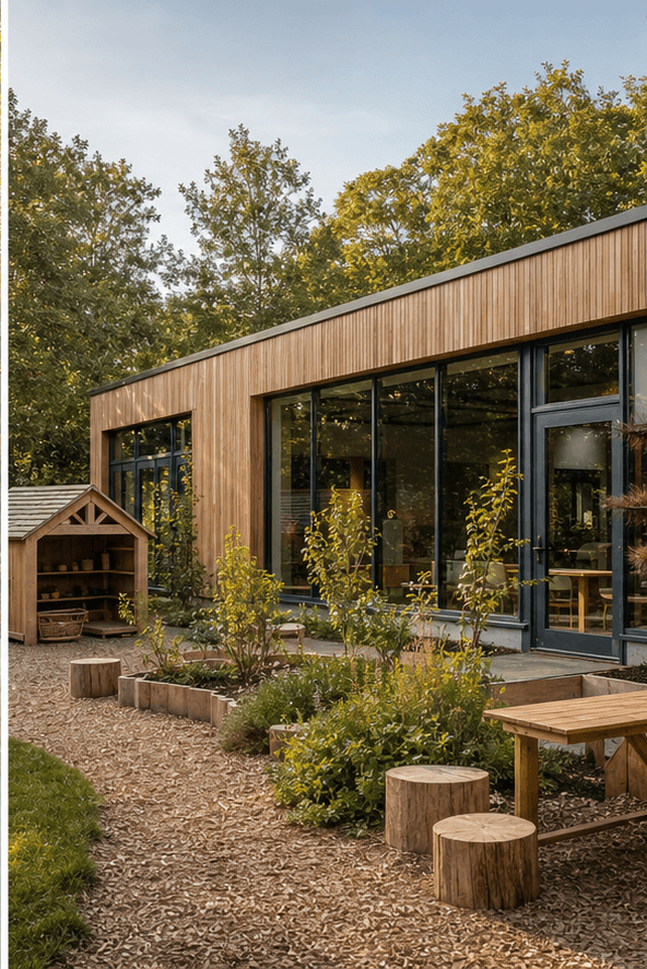 A modern school studio with wood siding, tall windows, garden beds, and outdoor play materials.