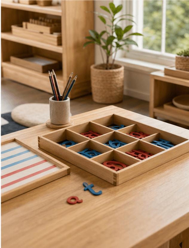 Montessori language materials on a child-sized table with pencil cups and bright classroom shelves nearby.