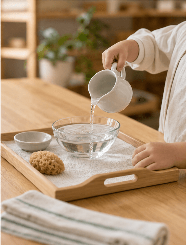 A child pouring water into a glass bowl as part of a practical life activity.
