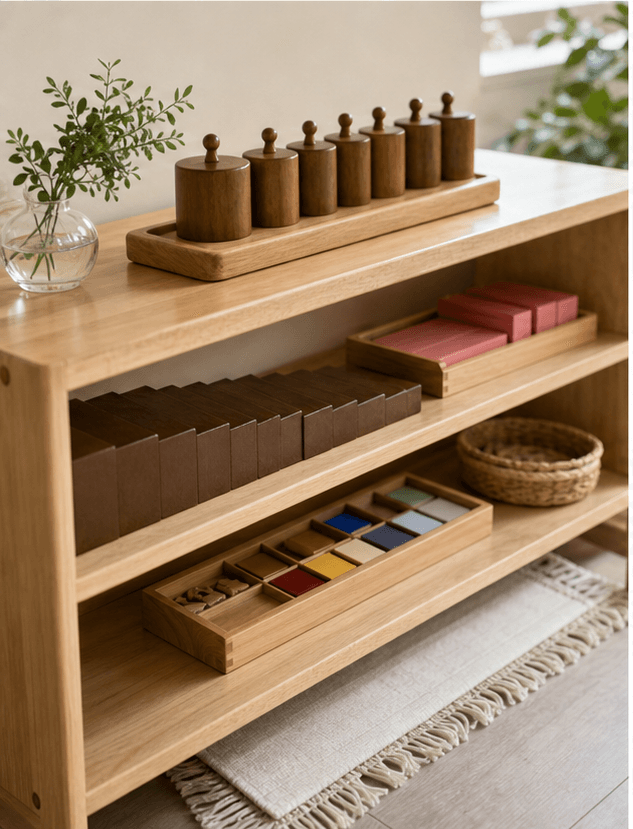 Montessori materials arranged on low wooden shelves with baskets, colour tablets, and plants.