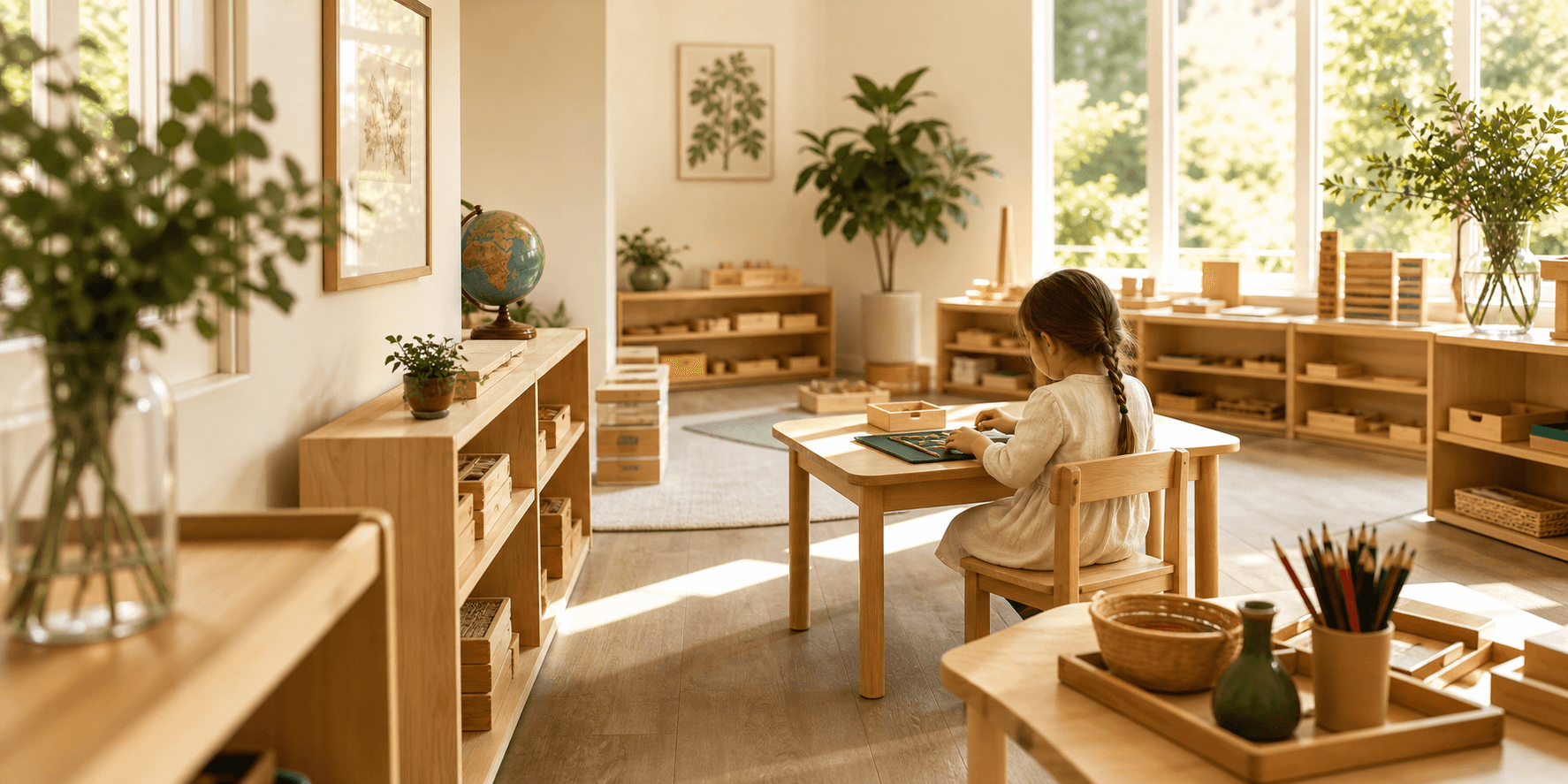 A sunlit Montessori classroom with child-sized tables, low shelves, plants, and hands-on materials.